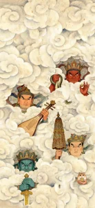 四大天王国风壁画壁纸 云海祥云国潮传统神话竖版手机锁屏